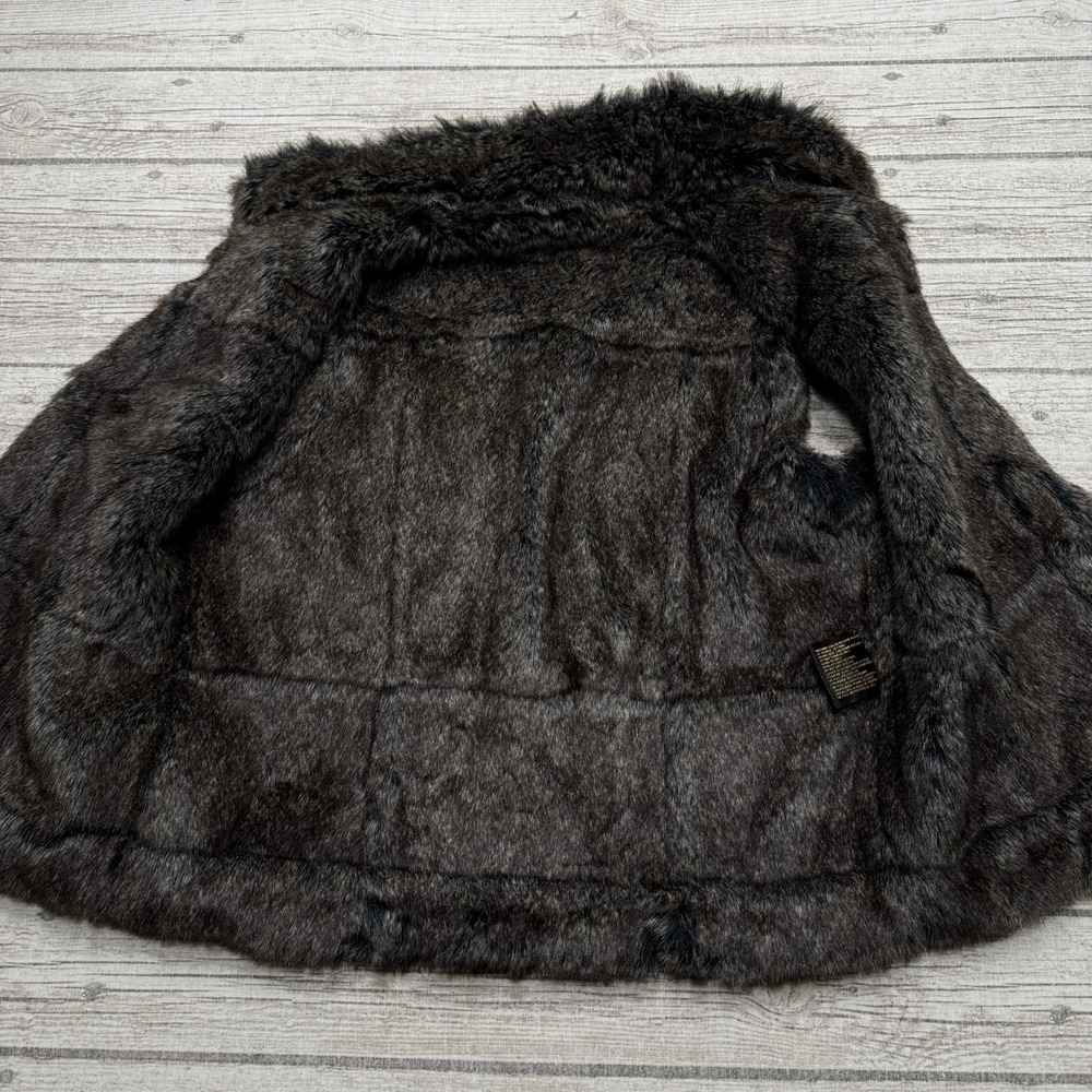 Vintage Faux Suede Vest Women's Medium Black Fur Trim Open Front Boho Plush Chic - Picture 3 of 10